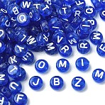 150Pcs Transparent Acrylic Beads, Horizontal Hole, Mixed Letters, Flat Round, Blue, 7x4mm, Hole: 1.5mm(TACR-YW0002-32A)