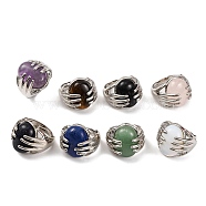 Oval Natural & Synthetic Gemstone Finger Ring, Rack Plating Platinum Tone Alloy Hug Adjustable Rings, Cadmium Free & Lead Free, Inner Diameter: 17mm(G-Q184-06P)