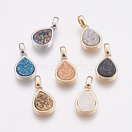 Natural Druzy Agate Pendants, with Brass Finding, teardrop, Mixed Color, 14.5x10x3~4mm, Hole: 2x2.5mm(KK-G343-13)