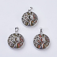 Natural Unakite Pendants, with Brass Findings, Flat Round with Tree of Life, Platinum, 31~32x27x8~9mm, Hole: 5x7mm(G-K234-E18)