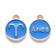 Alloy Enamel Pendants, Cadmium Free & Lead Free, Flat Round with Constellation, Light Gold, Dodger Blue, Aries, 22x18x2mm, Hole: 1.5mm(X-ENAM-S124-01A-02A)