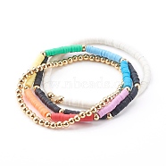 Handmade Polymer Clay Heishi Beaded Stretch Bracelets Set, Stackable Bracelets, with Golden Plated Brass Beads, Mixed Color, Inner Diameter: 2-1/4 inch(5.8cm), 2-1/2 inch(6.2cm), 4pcs/set(BJEW-JB06056)