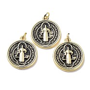 Brass Pendants, with Jump Ring, Lead Free & Cadmium Free, Flat Round with Saint Charm, Real 18K Gold Plated, 22x19x2mm, Hole: 3.4mm(KK-R148-02G)