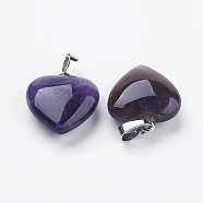 Natural Amethyst Pendants, with Brass Findings, Heart, Platinum, 23x20x7~9mm, Hole: 5x8mm(X-G-E434-03P)