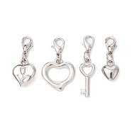 Valentine's Day Heart & Key CCB Plastic Pendants Decorations, with Alloy Lobster Claw Clasps, Platinum, 26.5~36mm(HJEW-JM01445)