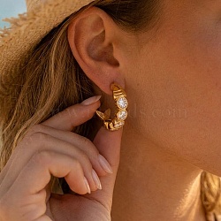 304 Stainless Steel & Clear Cubic Zirconia Dangle Stud Earrings, Fish with C-Shaped, Golden, 17x4mm(EJEW-G468-04G)