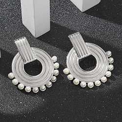 304 Stainless Steel ABS Imitation Pearl Stud Earrings, Flat Round, Stainless Steel Color, 42.5x36mm(EJEW-M069-02P)