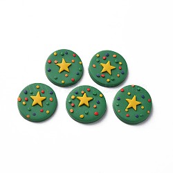 Handmade Polymer Clay Cabochons, Christmas, Flat Round with Star, Green, 16x3~4mm(CLAY-T017-14)