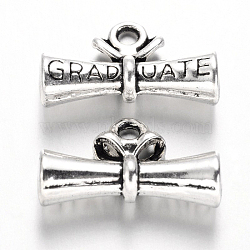 Tibetan Style Alloy Degree Charms, Graduation Scroll, Diploma with Word Graduate, Cadmium Free & Nickel Free & Lead Free, Antique Silver, 13x22x6.5mm, Hole: 2mm(X-TIBEP-35076-AS-NR)