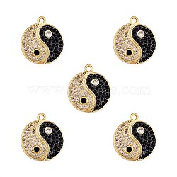 5Pcs Rack Plating Brass Micro Pave Clear & Black Cubic Zirconia Pendants, Long-Lasting Plated, Cadmium Free & Lead Free, Flat Round with YinYang, Real 18K Gold Plated, 20.5x18x2.5mm, Hole: 3.6mm(KK-SZ0005-67)