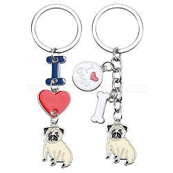 WEWAYSMILE 2 pcs Dog Keychain Car Keychain Pet Pendant Key-Ring Lovely Dog Key-ring Portable Metal Keychain Gift for Pet Lover Birthday Puppy Theme Party Supplies (Pug), Platinum, 9.75x1.9cm(JX790A)