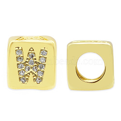Brass Micro Pave Clear Cubic Zirconia European Beads, Cube with Letter, Letter.W, 8.5x8.5x8.5mm, Hole: 5mm, 3pcs/bag(KK-T030-LA842-WX3)
