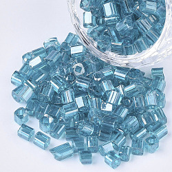 6/0 Glass Seed Beads, Transparent Colours Luster, Square Hole, Cube, Steel Blue, 6/0, 3~5x3~4x3~4mm, Hole: 1.2~1.4mm, about 4500pcs/bag(SEED-S027-05B-13)