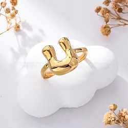 304 Stainless Steel Open Cuff Rings for Women, Letter, Real 18K Gold Plated, Letter U, 13~14x7~15mm(RJEW-M060-01G-21)