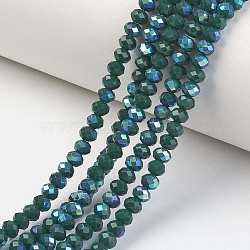 Electroplate Opaque Solid Color Glass Beads Strands, Half Rainbow Plated, Faceted, Rondelle, Teal, 10x8mm, Hole: 1mm, about 63~65pcs/strand, 19.2~20 inch(48~50cm)(EGLA-A034-P10mm-L06)