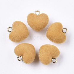 Flocky Acrylic Pendants, with Brass Loops, Heart, Golden, Goldenrod, 18.5x18x13mm, Hole: 2.5mm(FIND-T046-28-07)