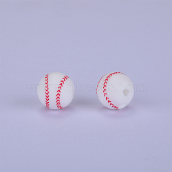 Printed Round with Baseball Pattern Silicone Focal Beads, White, 15x15mm, Hole: 2mm(SI-JX0056A-104)