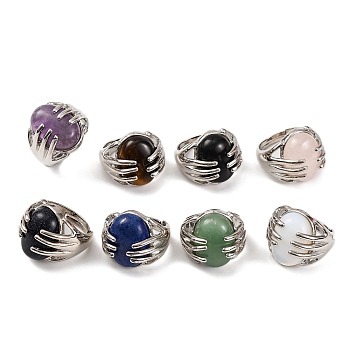 Oval Natural & Synthetic Gemstone Finger Ring, Rack Plating Platinum Tone Alloy Hug Adjustable Rings, Cadmium Free & Lead Free, Inner Diameter: 17mm