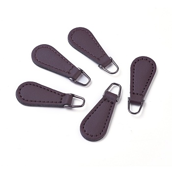 PU Leather Zipper Puller, Garment Accessories, with Alloy Findings, teardrop, Gunmetal, Coconut Brown, 38~40x14x3.5mm, Hole: 5.5x6mm