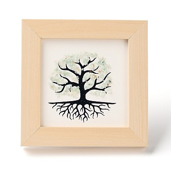 Tree of Life Natural Green Aventurine Chips Picture Frame Stand, with Wood Square Frame, Feng Shui Money Tree Picture Frame Home Office Decoration, 66x130x120mm, Inner Diameter: 90x90mm