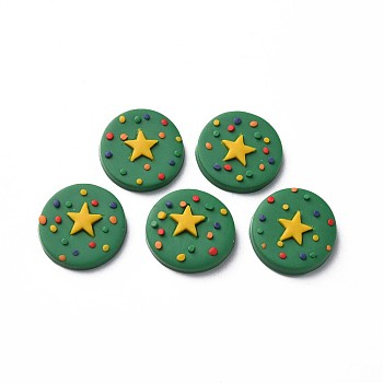 Handmade Polymer Clay Cabochons, Christmas, Flat Round with Star, Green, 16x3~4mm
