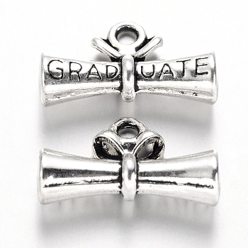 Tibetan Style Alloy Degree Charms, Graduation Scroll, Diploma with Word Graduate, Cadmium Free & Nickel Free & Lead Free, Antique Silver, 13x22x6.5mm, Hole: 2mm