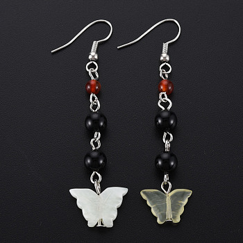 Butterfly Natural New Jade Dangle Earrings for Girl Women, Agate Beads Earrings with Brass Pin, 62~65mm, Pin: 0.6mm