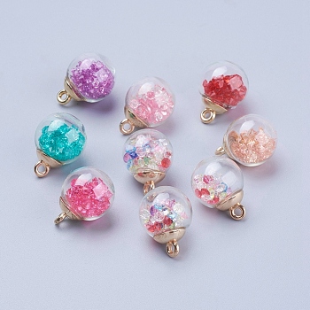 Glass Ball Pendants, with Rhinestone and CCB Plastic Findings, Golden, Mixed Color, 21x15mm, Hole: 2mm