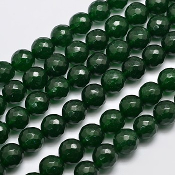 Natural Malaysia Jade Bead Strands, Round, Dyed, Faceted, Dark Green, 10mm, Hole: 1.0mm, about 37pcs/strand, 14.5 inch