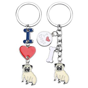 WEWAYSMILE 2 pcs Dog Keychain Car Keychain Pet Pendant Key-Ring Lovely Dog Key-ring Portable Metal Keychain Gift for Pet Lover Birthday Puppy Theme Party Supplies (Pug), Platinum, 9.75x1.9cm