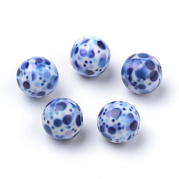 Opaque Printed Acrylic Beads, Round with Dot Pattern, Cornflower Blue, 10x9.5mm, Hole: 2mm