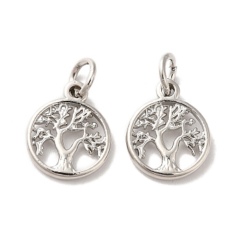 Brass Charms, with Jump Ring, Tree of Life Charm, Platinum, 12.5x10x1.5mm, Hole: 3.5mm