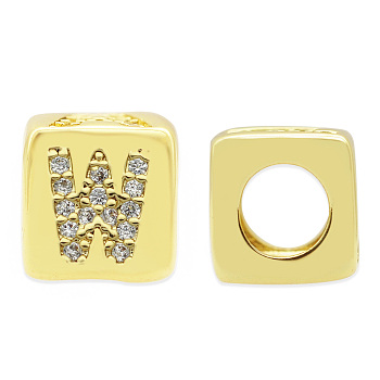 Brass Micro Pave Clear Cubic Zirconia European Beads, Cube with Letter, Letter.W, 8.5x8.5x8.5mm, Hole: 5mm, 3pcs/bag