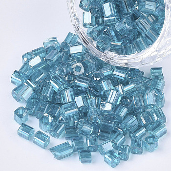 6/0 Glass Seed Beads, Transparent Colours Luster, Square Hole, Cube, Steel Blue, 6/0, 3~5x3~4x3~4mm, Hole: 1.2~1.4mm, about 4500pcs/bag