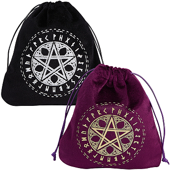 2Pcs 2 Colors Pentagram Runes Velvet Tarot Cards Storage Drawstring Bags, Tarot Desk Storage Holder, Rectangle, Mixed Color, 16.5x15cm, 1pc/color