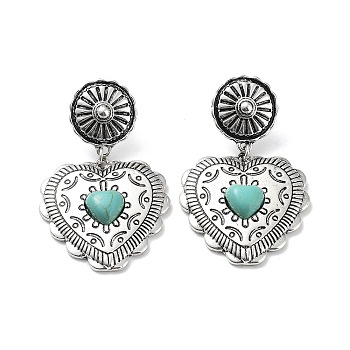 Valentine's Day Heart Jewelry for Women, Alloy with Synthetic Turquoise Dangle Stud Earrings, Antique Silver, Round, 55x33mm