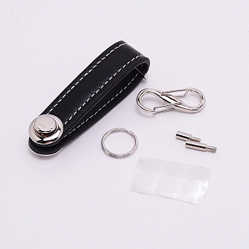 PU Leather Keychain, with Zinc Alloy Accessories, Black, 10.5x1.96cm