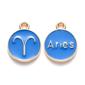 Alloy Enamel Pendants, Cadmium Free & Lead Free, Flat Round with Constellation, Light Gold, Dodger Blue, Aries, 22x18x2mm, Hole: 1.5mm