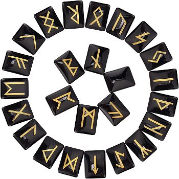 Synthetic Quartz Cabochons, Rectangle with Runes/Futhark/Futhorc, Black, 19x14x6mm, 25pcs/set