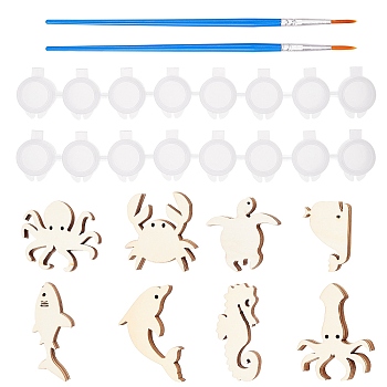 Marine Theme Unfinished Wood Cutouts, Laser Cut Wood Shapes, with Plastic Paint Pots Strips and Plastic Art Brushes Pen Value Sets, for Home Decor Ornament, DIY Craft Art Project, PapayaWhip, 50~120x52~134x2.5mm, 5pcs/style, 8styles