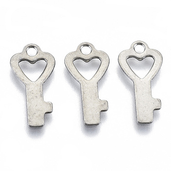 201 Stainless Steel Charms, Laser Cut, Key, Stainless Steel Color, 16x8x0.8mm, Hole: 1.6mm