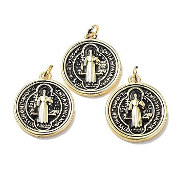 Brass Pendants, with Jump Ring, Lead Free & Cadmium Free, Flat Round with Saint Charm, Real 18K Gold Plated, 22x19x2mm, Hole: 3.4mm
