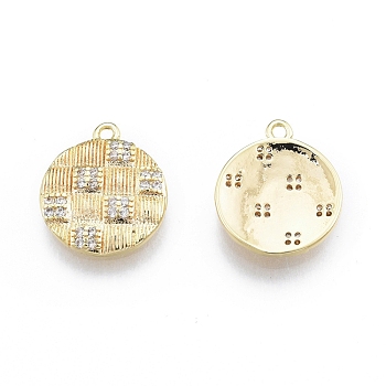 Ion Plating(IP) Brass Micro Pave Clear Cubic Zirconia Charms, Flat Round, Real 18K Gold Plated, 14x12x2mm, Hole: 1.2mm
