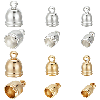 36Pcs 6 Style Brass Cord End Cap for Jewelry Making, Long-Lasting Plated, Real 24K Gold Plated & 925 Sterling Silver Plated, 9~11x5~8mm, Hole: 1.6mm, Inner Diameter: 4~7mm, 6Pcs/style