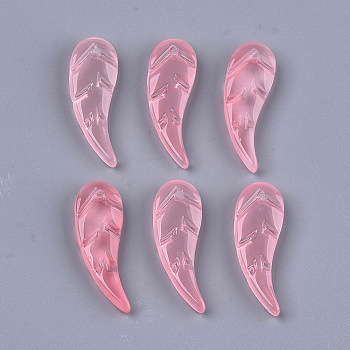 Transparent Spray Painted Glass Pendants, Leaf, Flamingo, 37.5x9.5x4~4.5mm, Hole: 1.2mm