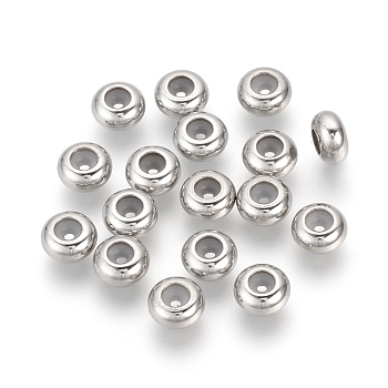 304 Stainless Steel Beads, with Rubber Inside, Slider Beads, Stopper Beads, Rondelle, Stainless Steel Color, 7x3.5mm, Rubber Hole: 1.6~2.5mm