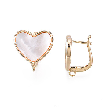 Brass Hoop Earring Findings with Latch Back Closure, with Natural Shells and Vertical Loops, Golden, Cadmium Free & Nickel Free & Lead Free, Heart, Creamy White, 17.5x17mm, Hole: 1.5mm, Pin: 0.8mm