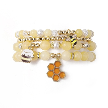 4Pcs 4 Style Natural Topaz Jade & Shell Pearl Stretch Bracelets Set, Alloy Enamel Bees & Honeycomb Charms Stackable Bracelets, Inner Diameter: 2-1/8~2-1/4 inch(5.3~5.7cm), 1Pc/style