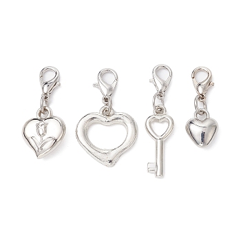 Valentine's Day Heart & Key CCB Plastic Pendants Decorations, with Alloy Lobster Claw Clasps, Platinum, 26.5~36mm