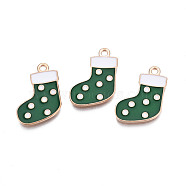 Christmas Alloy Enamel Pendants, Cadmium Free & Lead Free, Light Gold, Christmas Sock, Dark Green, 21x15.5x1.5mm, Hole: 1.8mm(ENAM-Q442-63A)